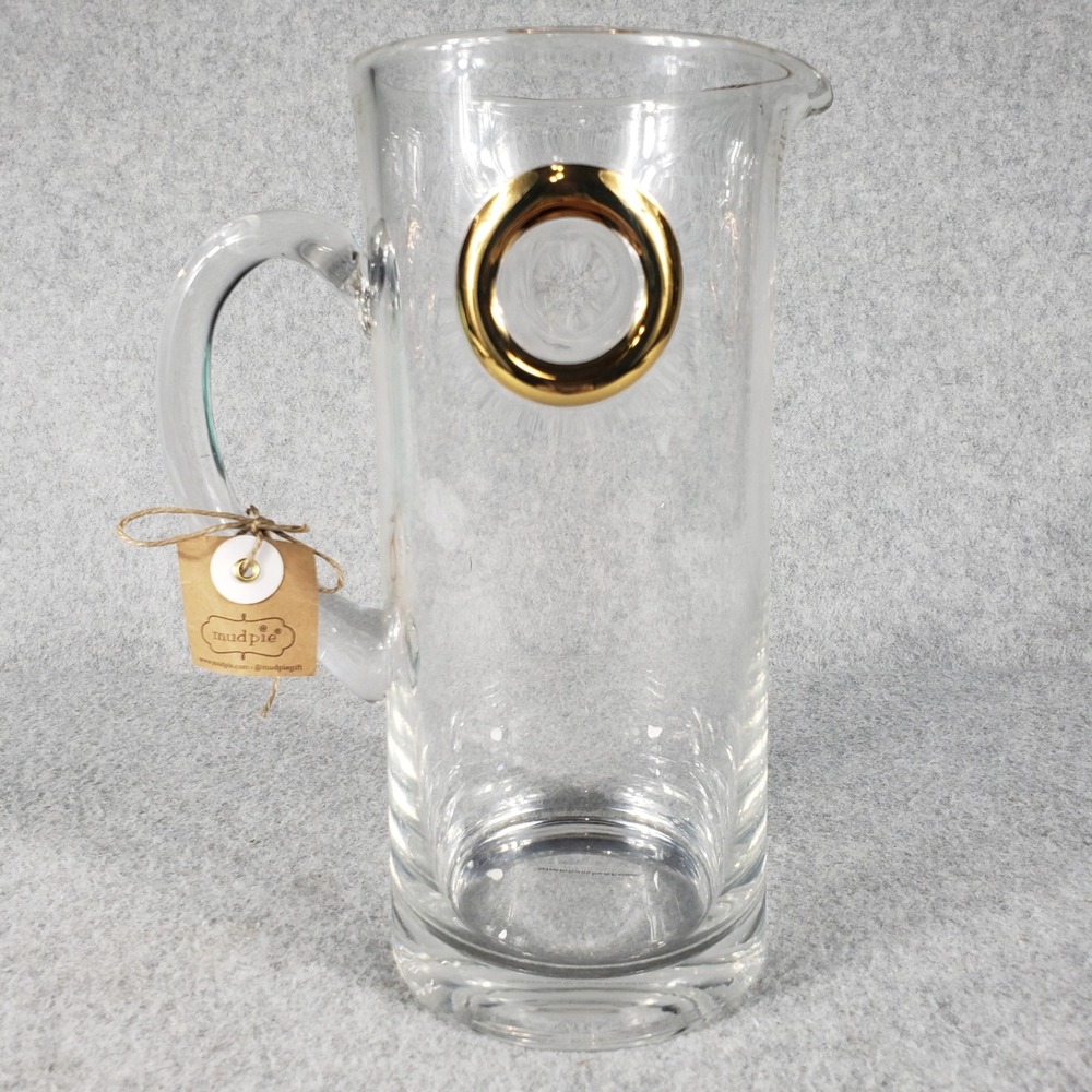 Mud Pie Clear Glass‎ Gold Ring Pitcher Gold Accent Handle Everyday Entertaining